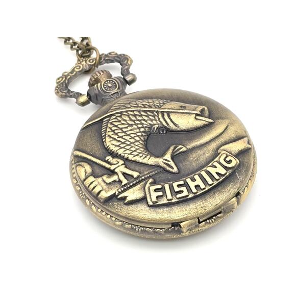 Fishing Pocket Watch – Vintage Look Perfect Angler's Gift, Bronze Detailing - Picture 4 of 10